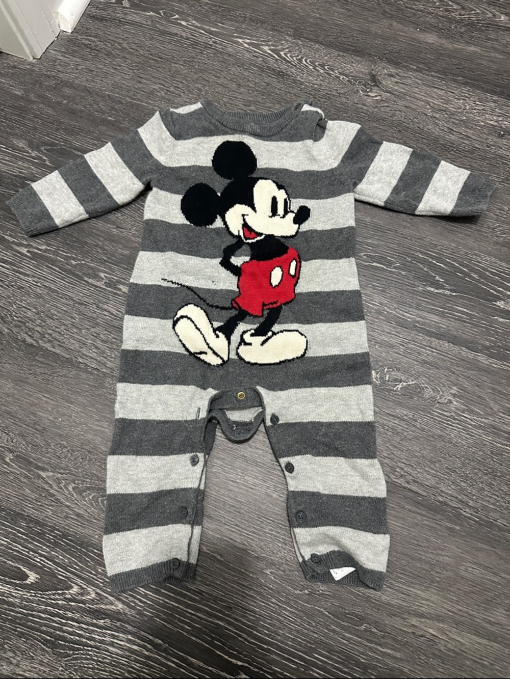 Disney Gray Striped Mickey Mouse Knit One-Piece with Red Accents
